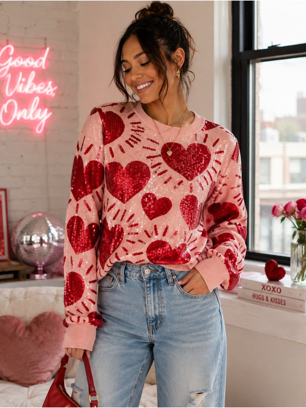 Marled Pink Sweater W/Red Sequin Hearts Crew Neck Long Balloon Sleeves Large